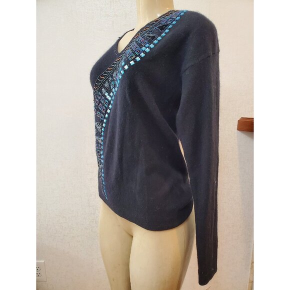 VTG ANNE KLEIN KNITWEAR ANGORA /WOOL MIX embroidery Sweater V Neck SIZE S #462 - Picture 3 of 10